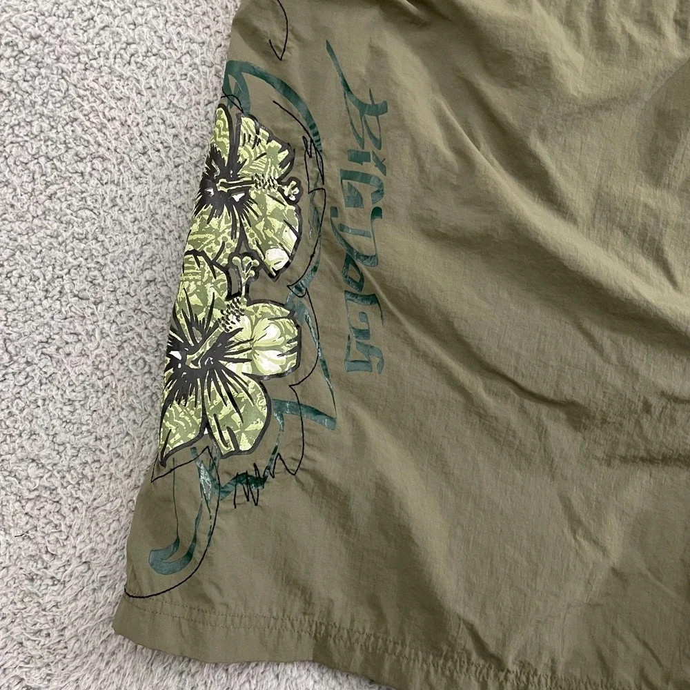 Vintage‎ Big Dogs Swim Trunks Men 2XL Olive Hibiscus Beach Surf Cargo